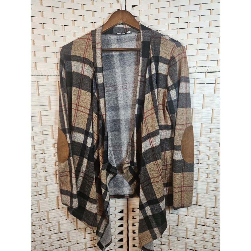 Eloges Womens Medium Brown and Black Plaid Open Knit Open Sweater Cardigan